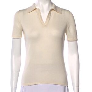 Cashmere & Silk Cream Polo Short Sleeve Knit Sweater